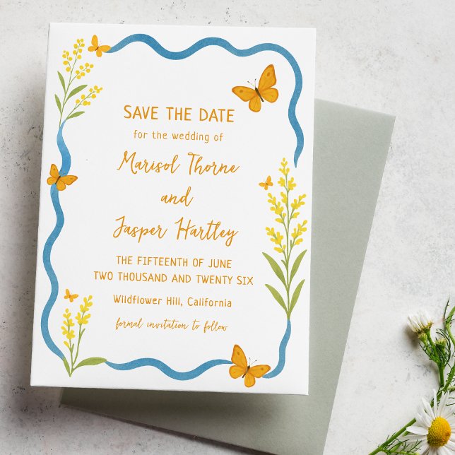 Save The Date Fleur sauvage Whimsical Papillon main tiré vague (Créateur téléchargé)