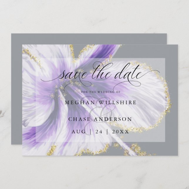 Save The Date Fleur tropicale aquarelle pourpre améthyste (Devant / Derrière)