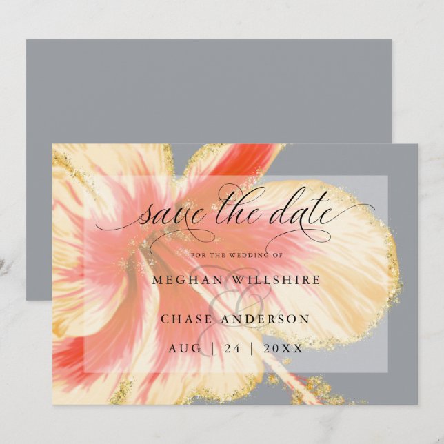 Save The Date Fleur tropicale écarlate et jaune à l'aquarelle (Devant / Derrière)