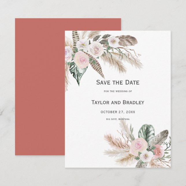 Save The Date Fleur tropicale Herbe de la pampa, Plumes, Rustiqu (Devant / Derrière)