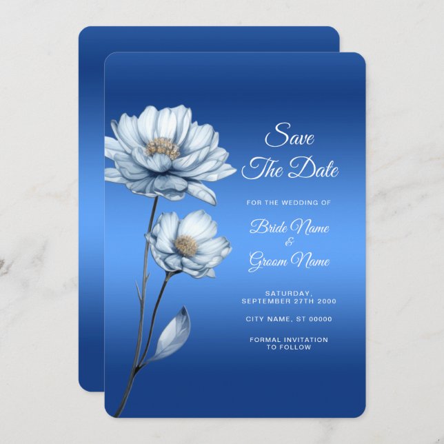 Save The Date Fleurs Aquarelles Bleues Enregistrer La Date (Devant / Derrière)