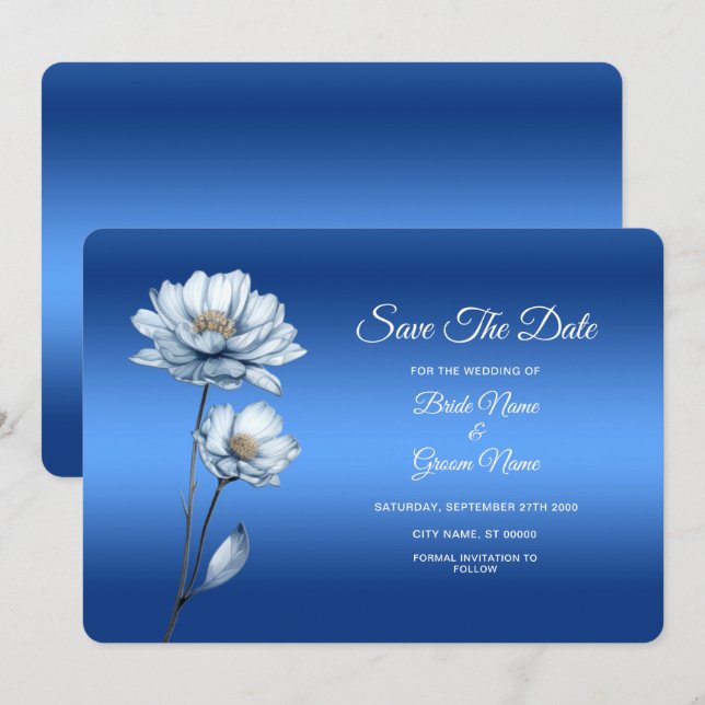 Save The Date Fleurs Aquarelles Bleues Enregistrer La Date (Devant / Derrière)