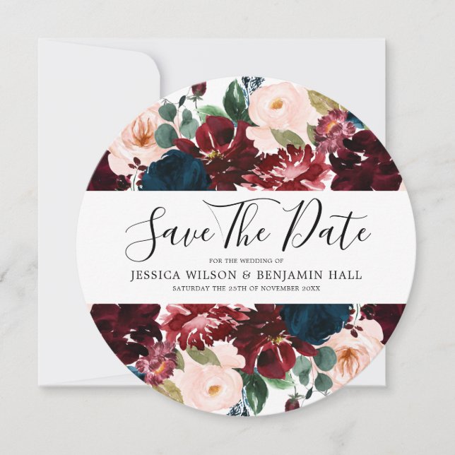 Save The Date Fleurs aquarelles Burgundy Navy Blush (Devant)