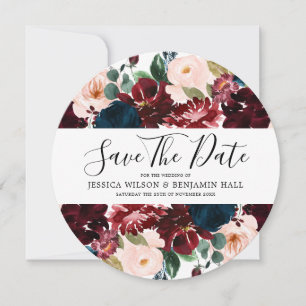 Save The Date Fleurs aquarelles Burgundy Navy Blush