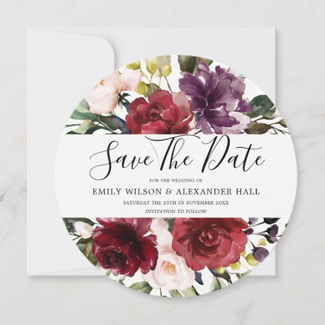 Save The Date Fleurs aquarelles rouges de Bourgogne romantiques (Devant)