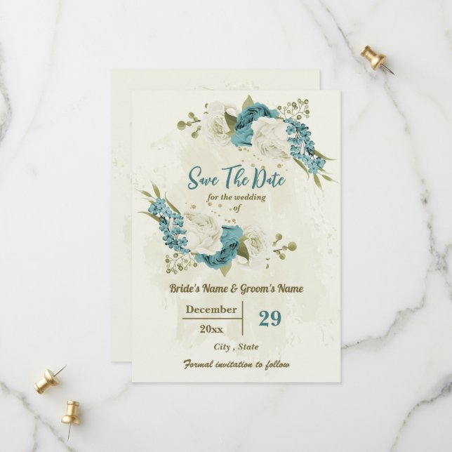 Save The Date fleurs blanches d'ivoire bleu (Devant/Arrière en situation)