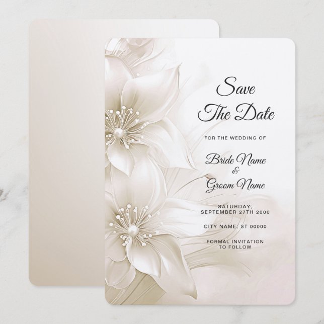 Save The Date Fleurs blanches D'Ivoire Élégantes Enregistrer La  (Devant / Derrière)