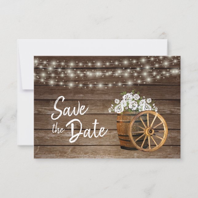 Save The Date Fleurs blanches en tonneau de bois rustique - Enre (Devant)