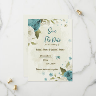 Save The Date fleurs blanches et bleues mariage botanique