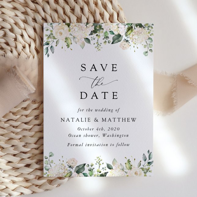 Save The Date Fleurs blanches, Fleurs de crème, Verdure, Mariage (Créateur téléchargé)