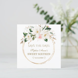 Save The Date Fleurs blanches Magnolia Sweet sixteen Or