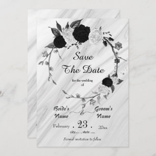 Save The Date fleurs blanches noires gris feuille couronne botan