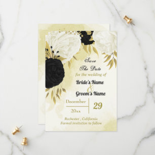 Save The Date fleurs blanches noires or feuilles
