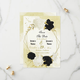 Save The Date fleurs blanches noires or feuilles