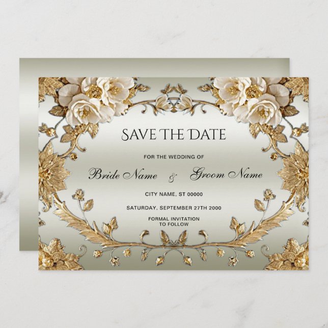 Save The Date Fleurs Blanches Ornées D'Or Enregistrer La Date (Devant / Derrière)