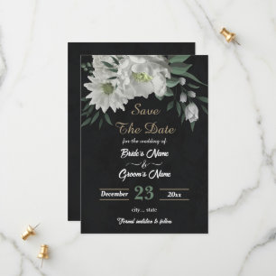 Save The Date fleurs blanches romantiques botaniques noires