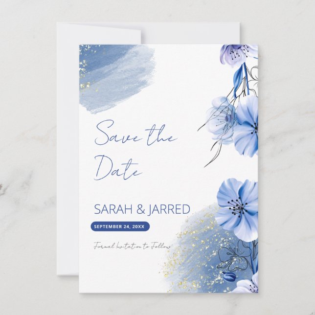 Save The Date Fleurs bleu aquarelle (Devant)