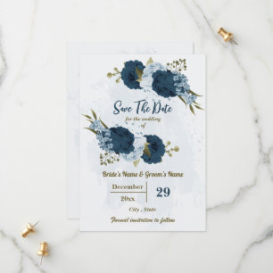 Save The Date fleurs bleu clair et bleu marine mariage botanique