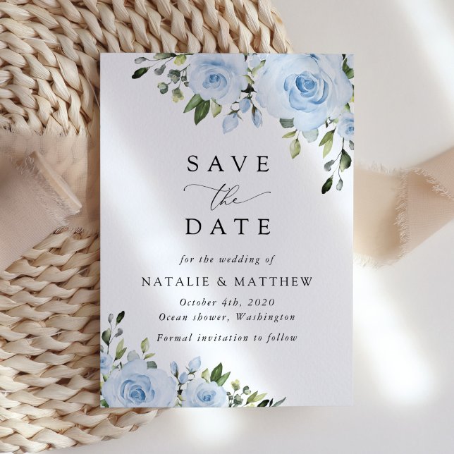 Save The Date Fleurs bleues poussiéreuses, Verdure, Boho, Mariag (Créateur téléchargé)