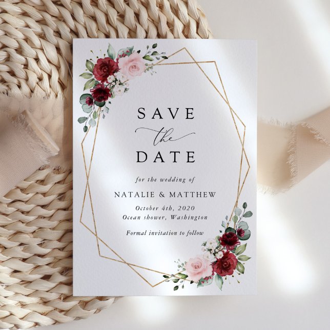 Save The Date Fleurs Bourgogne, Fleurs roses, Verdure, Mariage (Créateur téléchargé)