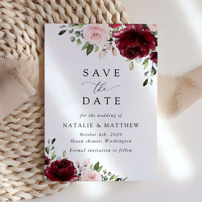 Save The Date Fleurs Bourgogne, Fleurs roses, Verdure, Mariage (Créateur téléchargé)
