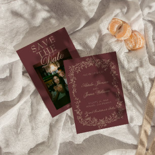 Save The Date Fleurs Bourgogne Or Vieille Fortune Photo Mariage