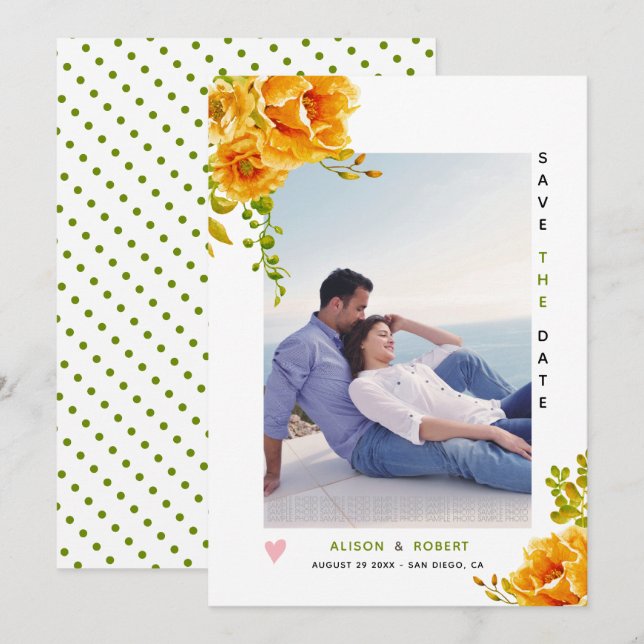 Save The Date Fleurs d'aquarelle orange, chute de photo feuille  (Devant / Derrière)