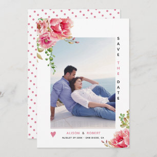 Save The Date Fleurs d'aquarelle rose, feuilles verts et photo