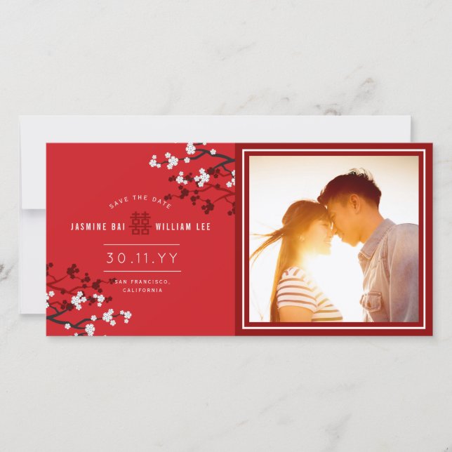 Save The Date Fleurs de cerisiers blancs Double Bonheur Photo as (Devant)