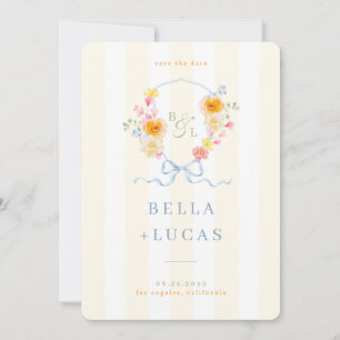 Save The Date Fleurs de crête à rayure jaune Monogramme Mariage