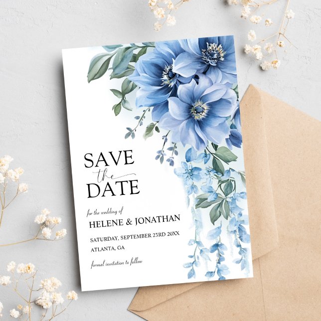 Save The Date Fleurs de Jardin Bleu Dusty Mariage élégant (Dusty Blue Garden Flowers Elegant Wedding Save The Date)