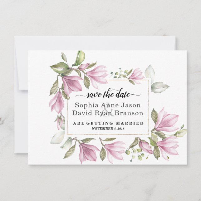 Save The Date Fleurs de magnolia Charm Blush Mariage Calligraphi (Devant)