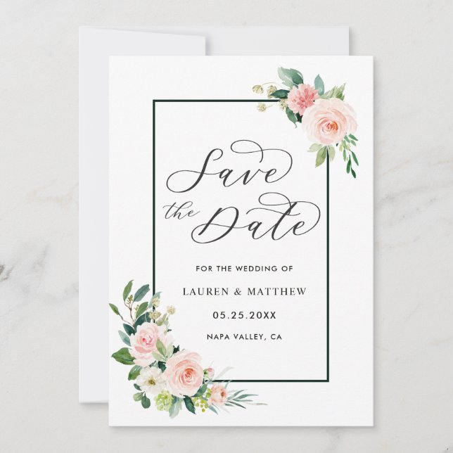 Save The Date Fleurs de mariage aquarelle rose pastel Enregistre (Devant)
