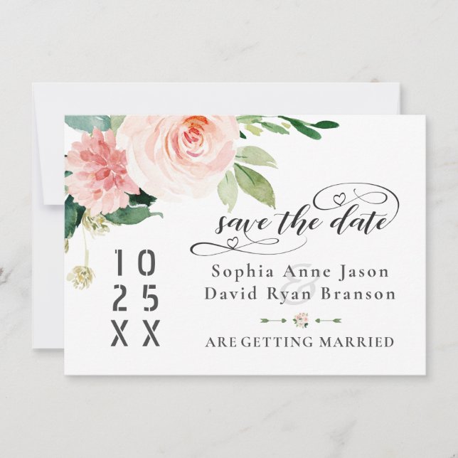 Save The Date Fleurs de mariage calligraphiées rose poudré vinta (Devant)