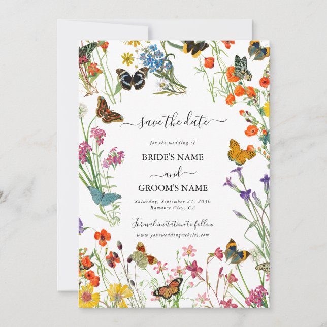Save The Date Fleurs de mariage papillons aquarelle florale (Devant)