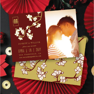 Save The Date Fleurs de Pêcher Double Bonheur Rouge Photo Chinoi