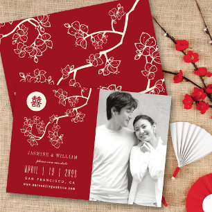 Save The Date Fleurs de Pêcher Rouge Double Bonheur Chinois Phot