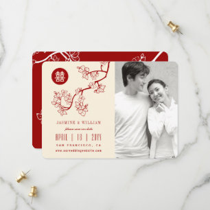 Save The Date Fleurs de pêcher rouges Chinoise Double Bonheur Ph