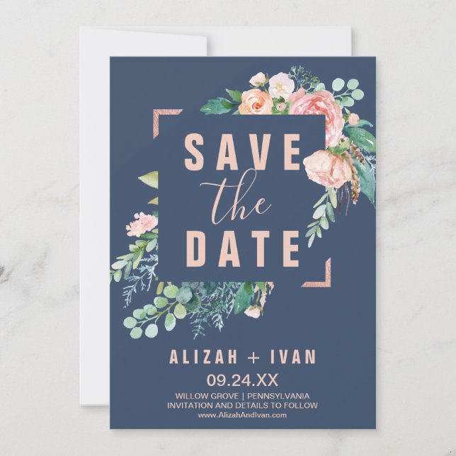 Save The Date Fleurs de pivoines romantiques | Bleu Enregistrer  (Devant)