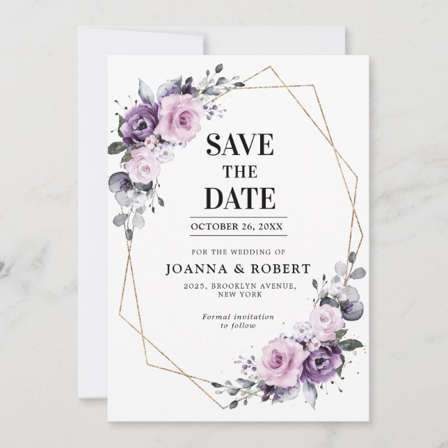 Save The Date Fleurs de Poussiéreux Violet Géométrique Mariage S (Devant)