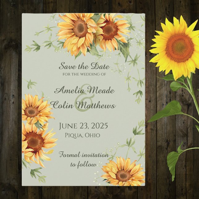 Save The Date Fleurs de soleil et vignes d'aquarelle sur Sage Gr (Créateur téléchargé)