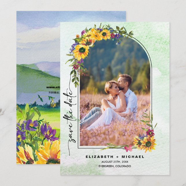 Save The Date Fleurs de soleil | Wild Meadow Summer Mariage Phot (Devant / Derrière)