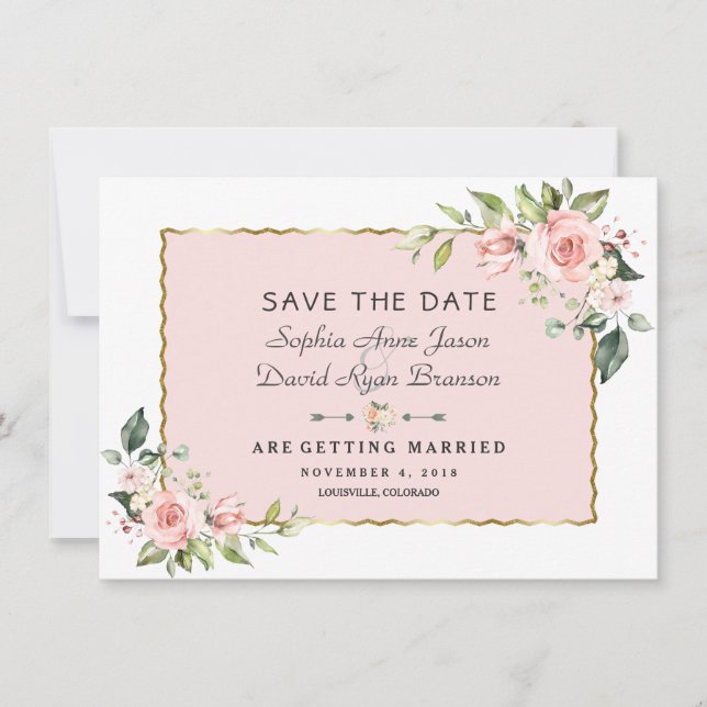 Save The Date Fleurs délicates rose blush Cadre doré Mariage (Devant)