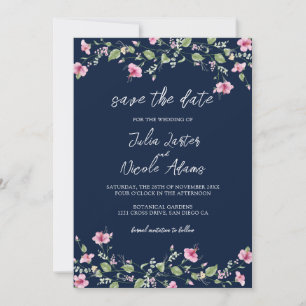 Save The Date Fleurs d'Hibiscus Rose Bleu Marine Poussiéreux Mar