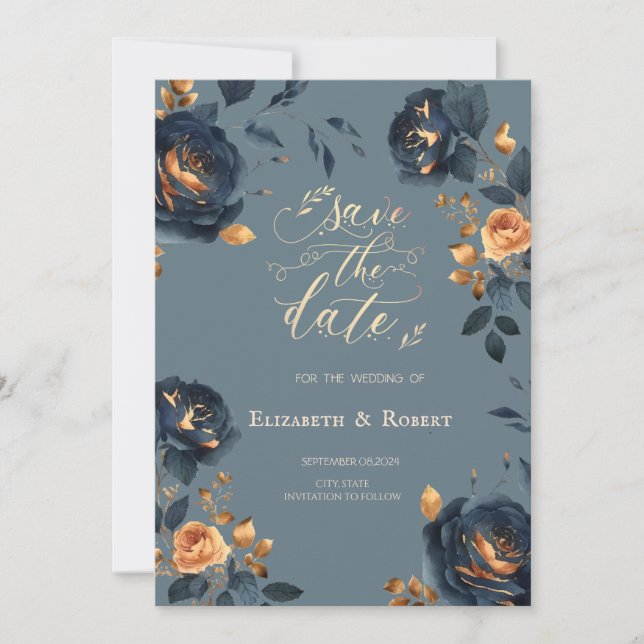 Save The Date Fleurs d'or bleu marine Dusty Bleu Enregistrer la  (Devant)