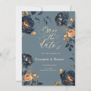 Save The Date Fleurs dorées et bleu marine Fleurs bleues poussié