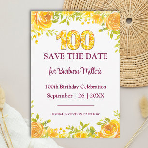 Save The Date Fleurs élégantes Roses jaunes pour 100e anniversai