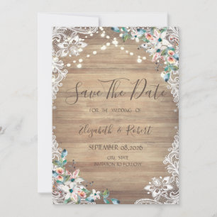 Save The Date Fleurs en dentelle sur texture de bois, lumières S