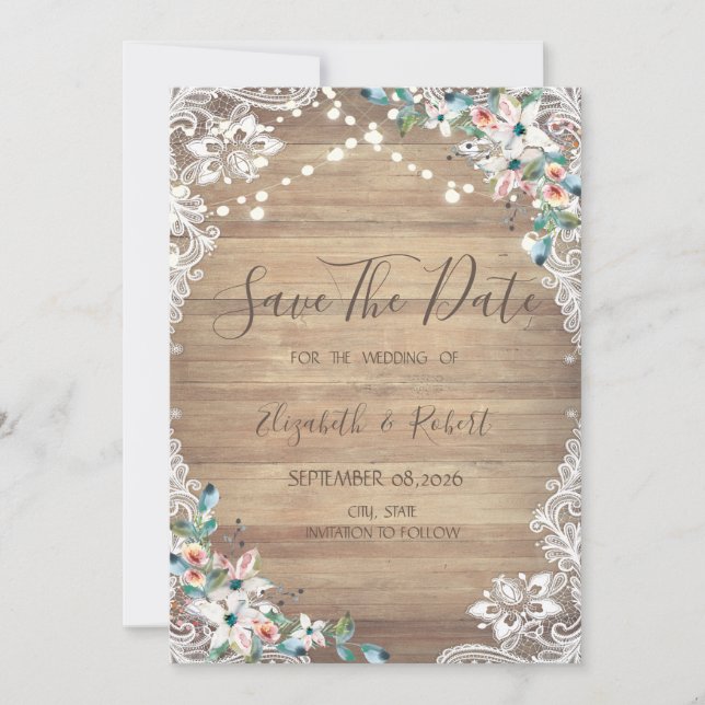 Save The Date Fleurs en dentelle sur texture de bois, lumières S (Devant)