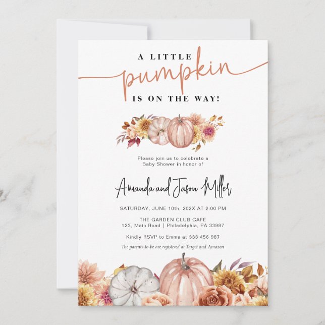 Save The Date Fleurs et Citrouilles de Baby showers d'automne (Devant)